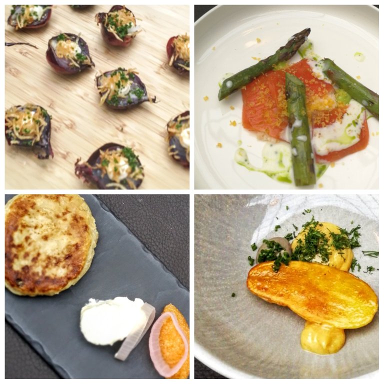 Grillattua sipulia, parsaa ja umami-lohta, lepuskaa ja muikunmätiä, sekä kevätperunaa ja tryffeliä.