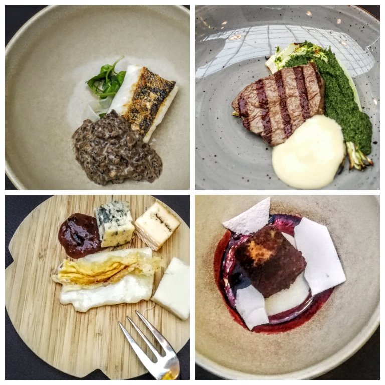 Grillattu kuha ja sienimuhennos sekä marmorifilee. Jälkkäriksi juustoja, savustettua jädeä ja grillattua kakkua. Aikamoista! 